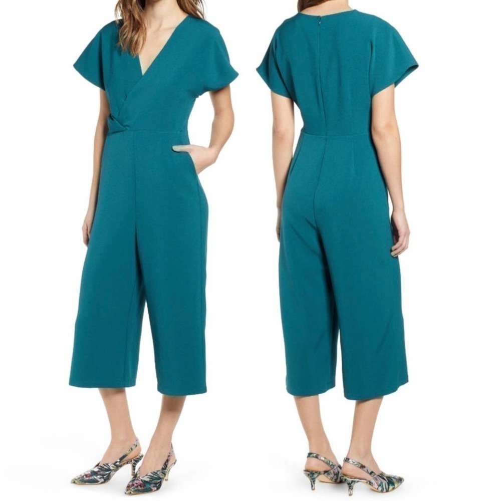 Leith Surplice Wide Leg Crop Jumpsuit Emerald Green / Teal Size Small